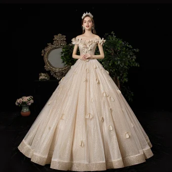 Luxe Champagne Robe De Mariée 2020 Princesse De L 039 Épaule Appliques Perle Paillettes Sans Manches Dos Nu Longue
