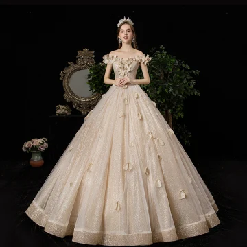 Luxus Herrlich Champagner Brautkleider Hochzeitskleider 2020 A Linie Off Shoulder Applikationen Perle Pailletten Ärmellos Rückenfreies Lange