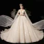Luxury / Gorgeous Champagne Wedding Dresses 2020 A-Line / Princess V-Neck Beading Sequins Pearl Crystal Lace Flower Short Sleeve Backless Cathedral Train