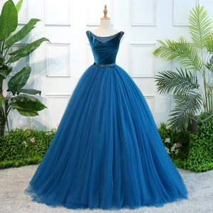 Vintage Kongeblå Quinceañera Ballkjoler 2018 Ballkjole Beading Paljetter Krystall Sash Suede Scoop Halsen Ryggløse Uten Ermer Lange