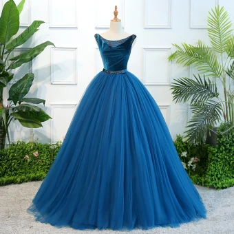 Vintage Originale Bleu Roi Quinceañera Robe De Bal 2018 Robe Boule Perlage Paillettes Cristal Ceinture Daim Encolure Dégagée Dos Nu Sans Manches Longue