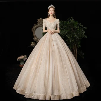 Victorian Style Vintage Retro Champagne Wedding Dresses 2020 A Line Princess V Neck Beading Pearl Rhinestone Lace Flower Sequins Short Sleeve Backless Floor Length Long