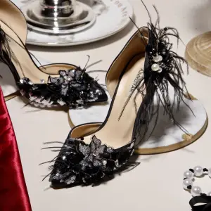 Charming Black Evening Party Womens Shoes 2020 Feather Beading Rhinestone Sequins Pearl 9 Cm Stiletto Heels Pointed Toe High Heels