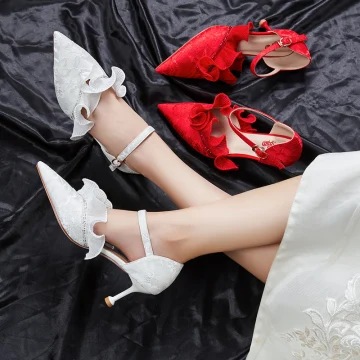 Chic Belle Ivoire Chaussure De Mariée 2020 Dentelle Bride Cheville Faux Diamant 7 Cm Talons Aiguilles À Bout Pointu Mariage Talons Hauts