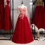 Chic / Belle Bordeaux Robe De Soirée 2020 Princesse Encolure Dégagée Perlage Perle En Dentelle Fleur 1/2 Manches Longue Robe De Ceremonie