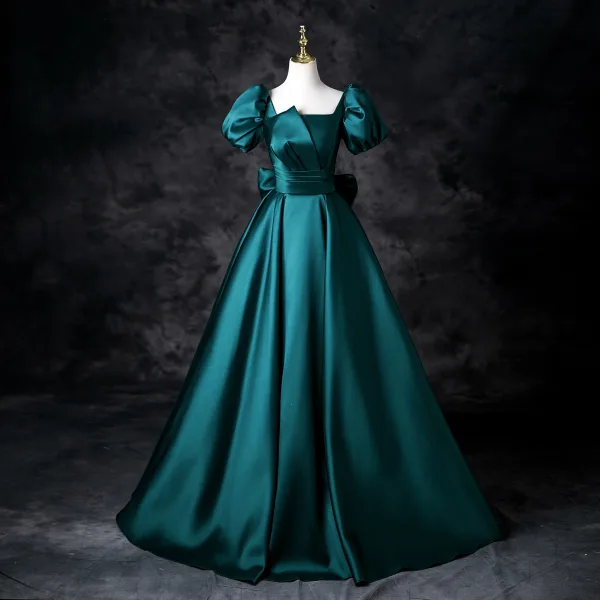 Vintage / Retro Dark Green Satin Prom Dresses 2025 Ball Gown Square Neckline Puffy Short Sleeve Backless Bow Floor-Length / Long Prom Formal Dresses