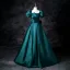 Vintage / Retro Dark Green Satin Prom Dresses 2025 Ball Gown Square Neckline Puffy Short Sleeve Backless Bow Floor-Length / Long Prom Formal Dresses