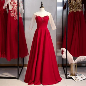 Élégant Bordeaux Robe De Soirée 2020 Princesse Encolure Dégagée Faux Diamant Perle En Dentelle Fleur 3 4 Manches Dos Nu Longue Robe De Ceremonie
