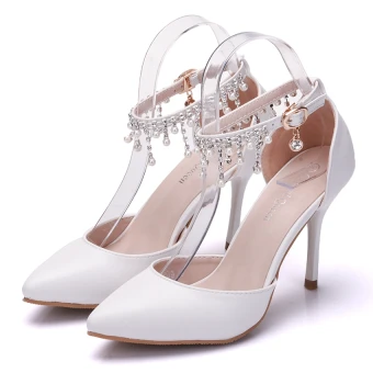 Sjarmerende Elfenben Aften Damesko 2020 Perle Rhinestone Ankelstropp 9 Cm Stiletthæler Spisse Høyhælte