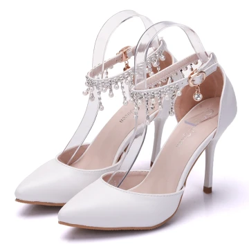 Charming Ivory Evening Party Womens Shoes 2020 Pearl Rhinestone Ankle Strap 9 Cm Stiletto Heels Pointed Toe High Heels