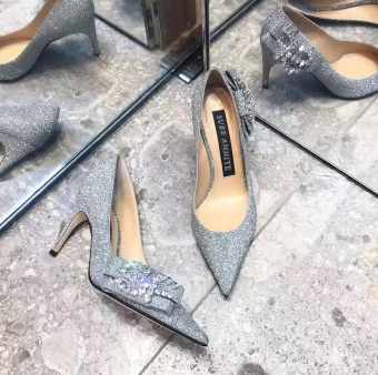 Scintillantes Argenté Soirée Glitter Escarpins 2020 Cuir Faux Diamant Paillettes Noeud 7 Cm Talons Aiguilles À Bout Pointu Escarpins