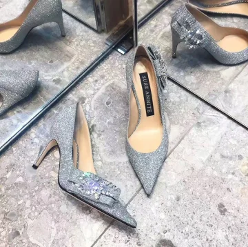 Glitzernden Silber Abend Glanz Pumps 2020 Leder Strass Pailletten Schleife 7 Cm Stilettos Spitzschuh Pumps