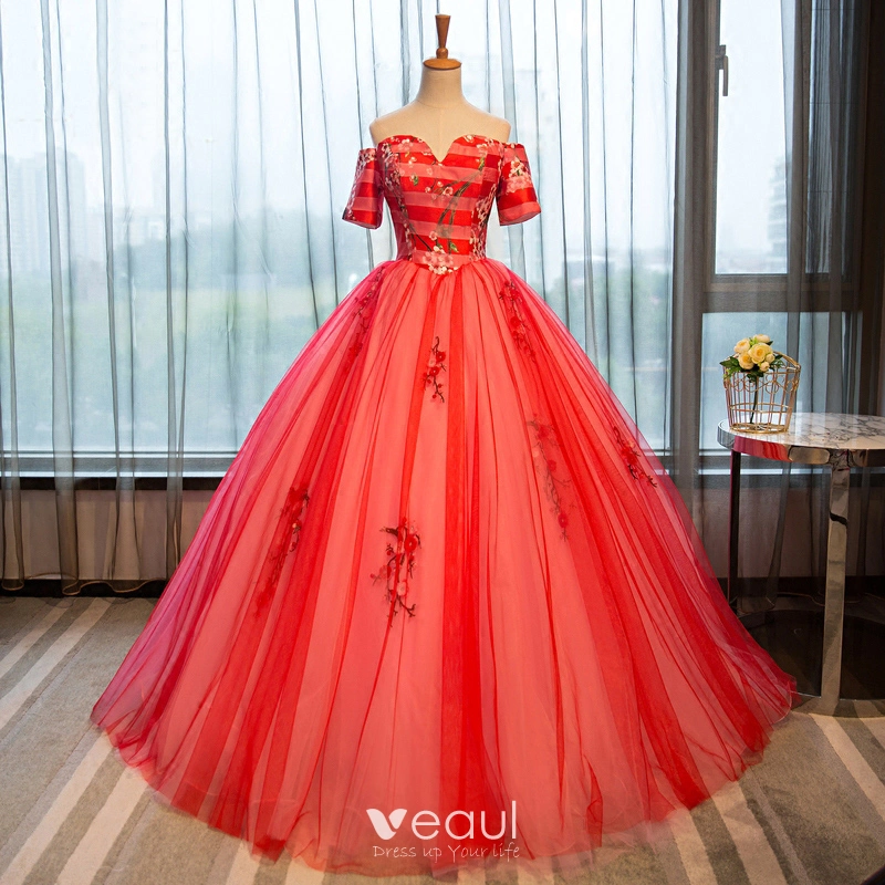 Elegant Watermelon Quinceanera Prom Dresses 2018 Ball Gown Printing Sweetheart Backless Short Sleeve Floor Length Long Formal Dresses