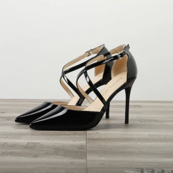 Fine Svart Aften Sandaler Dame 2020 Patent Lær 10 Cm Stiletthæler Spisse Sandaler