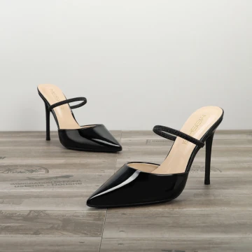 Eenvoudige Zwarte Toevallig Sandalen Dames 2020 Lakleer 10 Cm Naaldhakken Stiletto Spitse Neus Sandalen