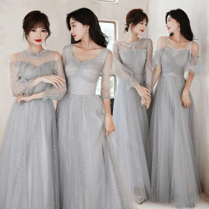 Modern Fashion Grey Bridesmaid Dresses 2021 A Line Princess Scoop Neck Sequins 3 4 Sleeve Backless Floor Length Long Wedding Party Dresses