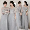 Modern / Fashion Grey Bridesmaid Dresses 2021 A-Line / Princess Scoop Neck Sequins 3/4 Sleeve Backless Floor-Length / Long Wedding Party Dresses