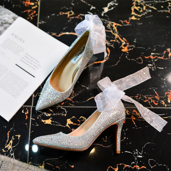 Encantador Plata Zapatos de novia 2020 Bowknot Rhinestone 9 cm Stilettos / Tacones De Aguja Punta Estrecha Boda Tacones