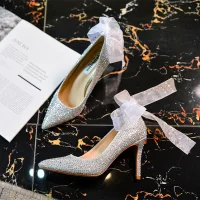 Charmant Silber Brautschuhe 2020 Schleife Strass 9 cm Stilettos Spitzschuh Hochzeit Pumps