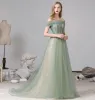Classy Sage Green Evening Dresses  2020 A-Line / Princess Off-The-Shoulder Short Sleeve Backless Sweep Train Formal Dresses