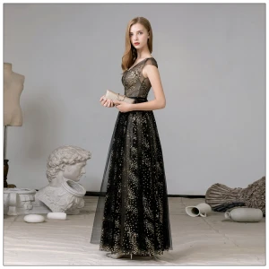 Fabuleux Noire Doré Robe De Soirée 2020 Princesse V Cou Sans Manches Étoile En Dentelle Paillettes Longue Soirée Robe De Ceremonie