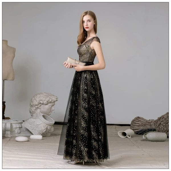 Fabulous Black Gold Evening Dresses 2020 A-Line / Princess V-Neck Sleeveless Star Lace Sequins Floor-Length / Long Evening Party Formal Dresses