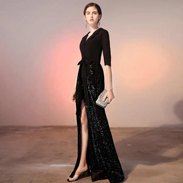 Classy Black Evening Dresses 2020 A-Line / Princess Bow Satin Sequins V-Neck 1/2 Sleeves Floor-Length / Long Formal Dresses Classy Black Evening Dresses 2020 A-Line / Princess Bow Satin Sequins V-Neck 1/2 Sleeves Floor-Length / Long Formal Dresses