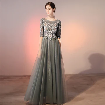 Élégant Gris Robe De Soirée 2020 Princesse Encolure Dégagée Perle Faux Diamant En Dentelle Fleur Appliques 1 2 Manches Dos Nu Longue Robe De Ceremonie