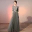 Elegant Grey Evening Dresses  2020 A-Line / Princess Scoop Neck Pearl Rhinestone Lace Flower Appliques 1/2 Sleeves Backless Floor-Length / Long Formal Dresses