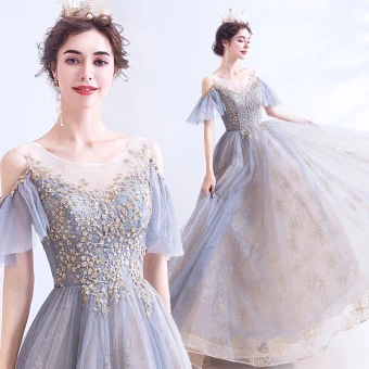 Élégant Gris Robe De Bal 2020 Princesse Encolure Dégagée Perlage Paillettes Manches Courtes Dos Nu Longue Robe De Ceremonie