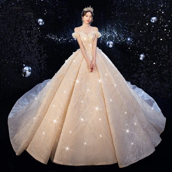 Luxury Gorgeous Champagne Wedding Dresses 2020 Ball Gown Off The Shoulder Glitter Beading Sequins Lace Flower Sleeveless Backless Cathedral Train
