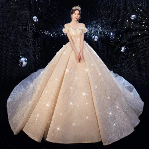 Luxus Herrlich Champagner Brautkleider Hochzeitskleider 2020 Ballkleid Off Shoulder Glanz Perlenstickerei Pailletten Spitze Blumen Ärmellos Rückenfreies Kathedrale Schleppe