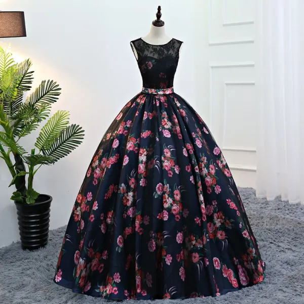 Vintage / Retro Navy Blue Quinceañera Prom Dresses 2018 Ball Gown Printing Scoop Neck Backless Sleeveless Floor-Length / Long Formal Dresses