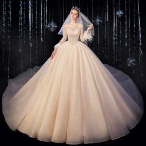 Lyx Champagne Bröllopsklänningar 2020 Balklänning Urringning Beading Kristall Glittriga Glitter Paljetter Långärmad Halterneck Royal Train
