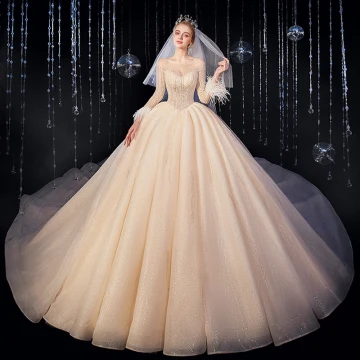 Luxury Gorgeous Champagne Wedding Dresses 2020 Ball Gown Scoop Neck Beading Crystal Glitter Sequins Long Sleeve Backless Royal Train