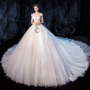Haut De Gamme Ivoire Robe De Mariée 2020 Robe Boule Encolure Dégagée Perlage En Dentelle Fleur Sans Manches Dos Nu Royal Train