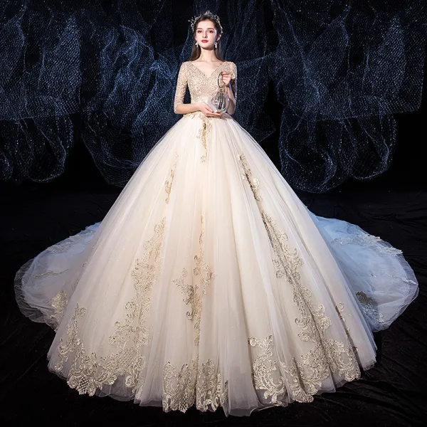 Luxury / Gorgeous Champagne Wedding Dresses 2020 Ball Gown V-Neck Beading Sequins Lace Flower 1/2 Sleeves Backless Royal Train