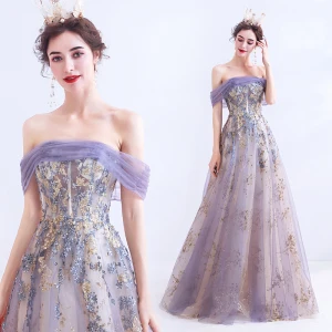 Charmant Violet Robe De Bal 2020 Princesse De L 039 Épaule En Dentelle Fleur Glitter Paillettes Sans Manches Dos Nu Longue Robe De Ceremonie