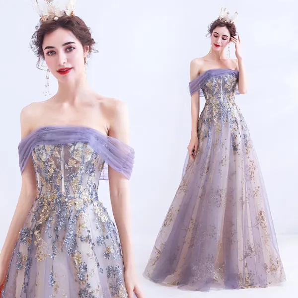 Charming Purple Prom Dresses 2020 A-Line / Princess Off-The-Shoulder Lace Flower Glitter Sequins Sleeveless Backless Floor-Length / Long Formal Dresses