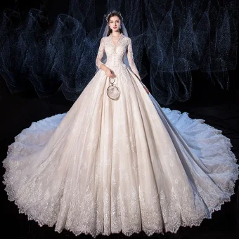 Luxury Gorgeous Champagne Wedding Dresses 2020 A Line Princess V Neck Beading Sequins Lace Flower 3 4 Sleeve Royal Train