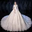 Luxury / Gorgeous Champagne Wedding Dresses 2020 A-Line / Princess V-Neck Beading Sequins Lace Flower 3/4 Sleeve Royal Train