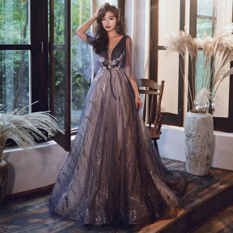 Charmant Violet Robe De Soirée 2020 Princesse V Cou Perlage Paillettes En Dentelle Fleur Manches Courtes Dos Nu Train De Balayage Robe De Ceremonie