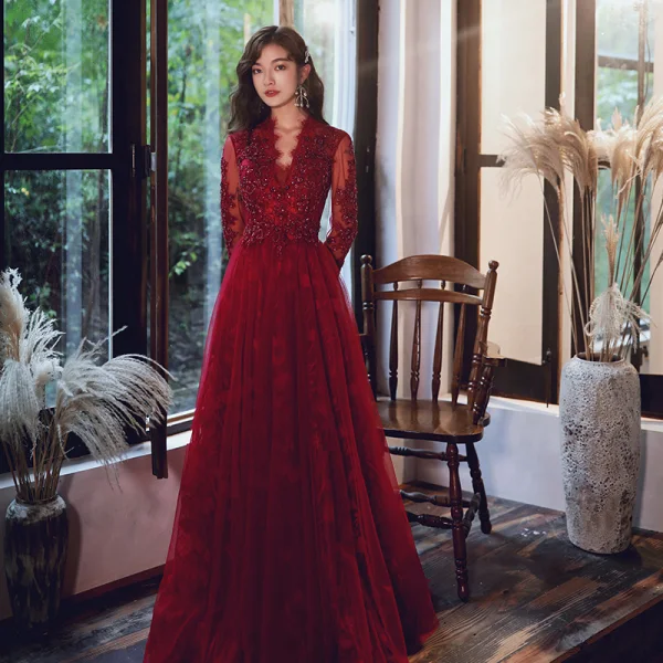 Elegant Burgundy Evening Dresses 2020 A-Line / Princess V-Neck Beading  Sequins Lace Flower Long Sleeve