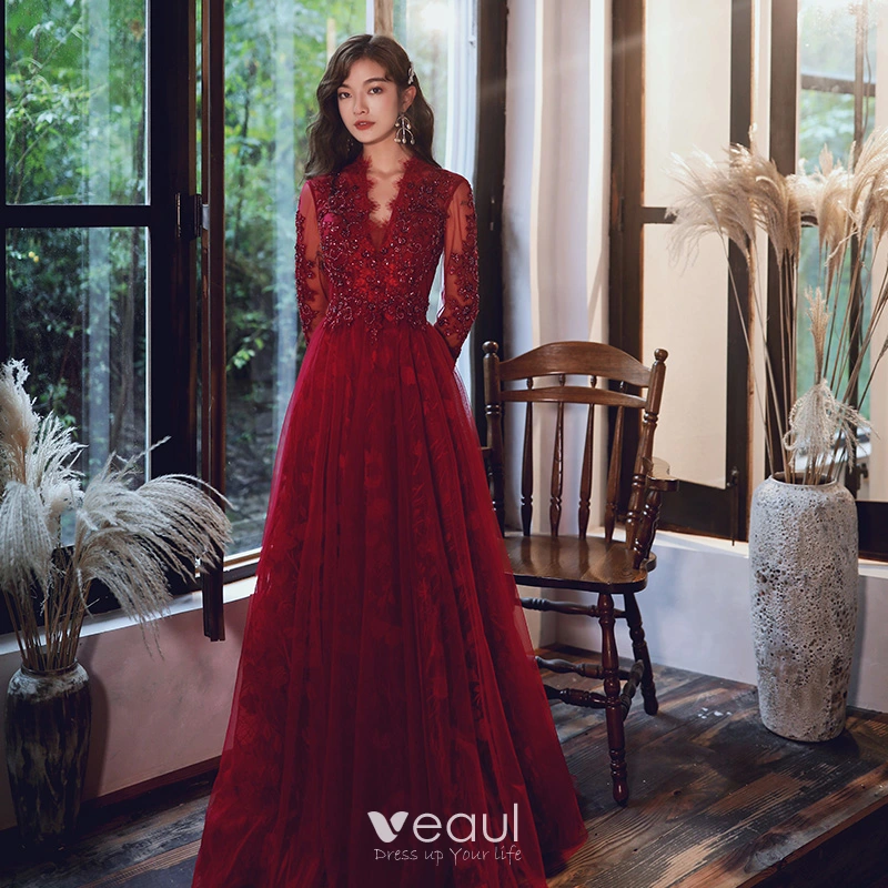 Lace long sleeve burgundy dress cheap