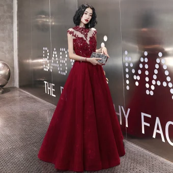 Elegant Burgundy Evening Dresses 2020 A Line Princess Beading Rhinestone Sequins Lace Flower High Neck Sleeveless Backless Floor Length Long Formal Dresses