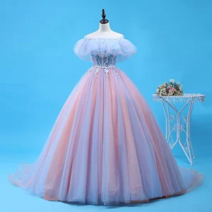 Chic Beautiful Sky Blue Blushing Pink Quinceañera Prom Dresses 2018 Ball Gown Appliques Beading Off The Shoulder Backless Sleeveless Sweep Train Formal Dresses