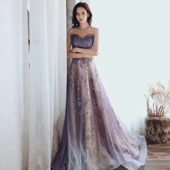 Charming Purple Glitter Evening Dresses 2020 A Line Princess Strapless Beading Sequins Lace Flower Sleeveless Backless Sweep Train Formal Dresses