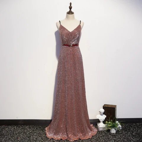 Sexy Sparkly Rose Gold Evening Dresses  2020 A-Line / Princess Spaghetti Straps Sequins Bow Sleeveless Backless Floor-Length / Long Formal Dresses
