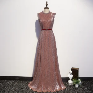 Sparkly Rose Gold Evening Dresses 2020 A Line Princess Scoop Neck Sash Sequins Sleeveless Floor Length Long Formal Dresses