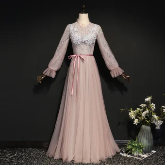 Élégant Rougissant Rose Robe De Soirée 2020 Princesse Encolure Dégagée Perle En Dentelle Fleur Manches Longues Dos Nu Longue Robe De Ceremonie
